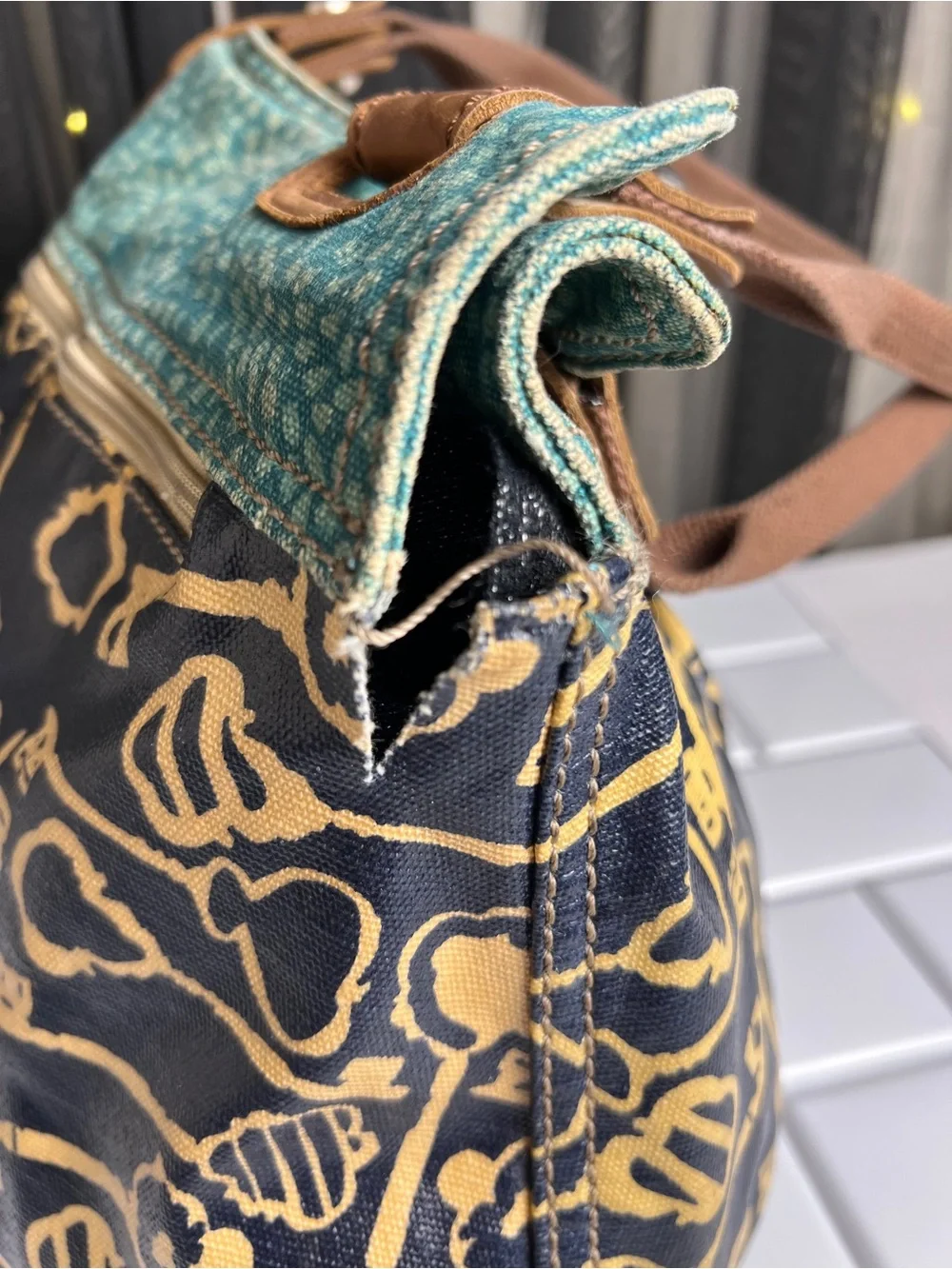 Fossil Keyper Purse with Key Print and Teal Top Panel